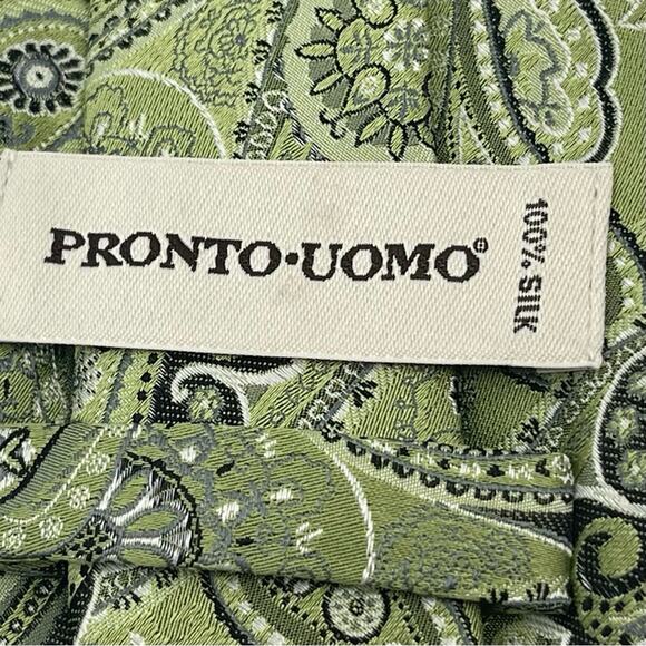 Pronto-Uomo Green Silver Paisley Pure Silk Career Office Necktie NWOT - Picture 4 of 6